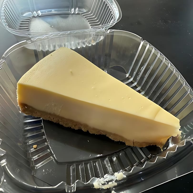 A slice of cheesecake with a graham cracker crust in a clear plastic takeout container.