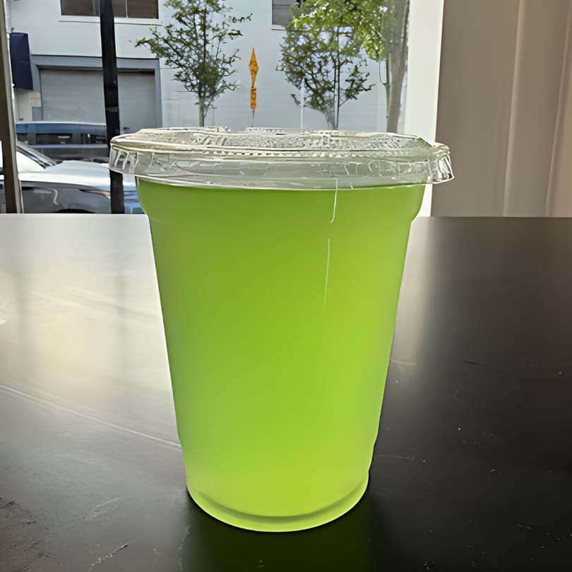 A vibrant green drink in a clear plastic cup with a lid sits on a dark table.