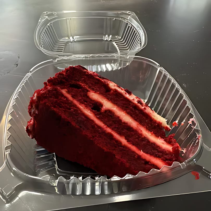 A slice of red velvet cake with white frosting layers in a clear plastic to-go container.