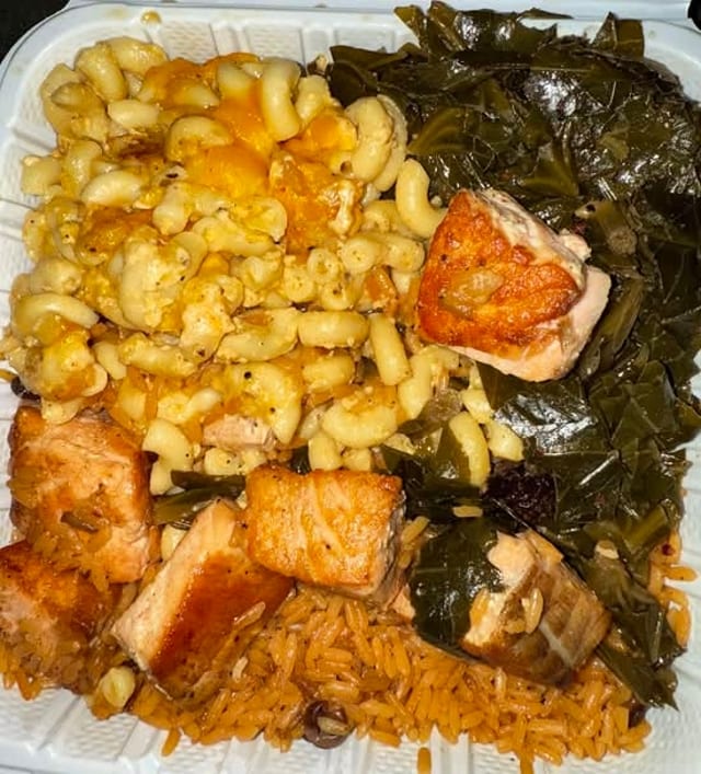 6pc Salmon Bites Over Rice w 2 Premium Sides.